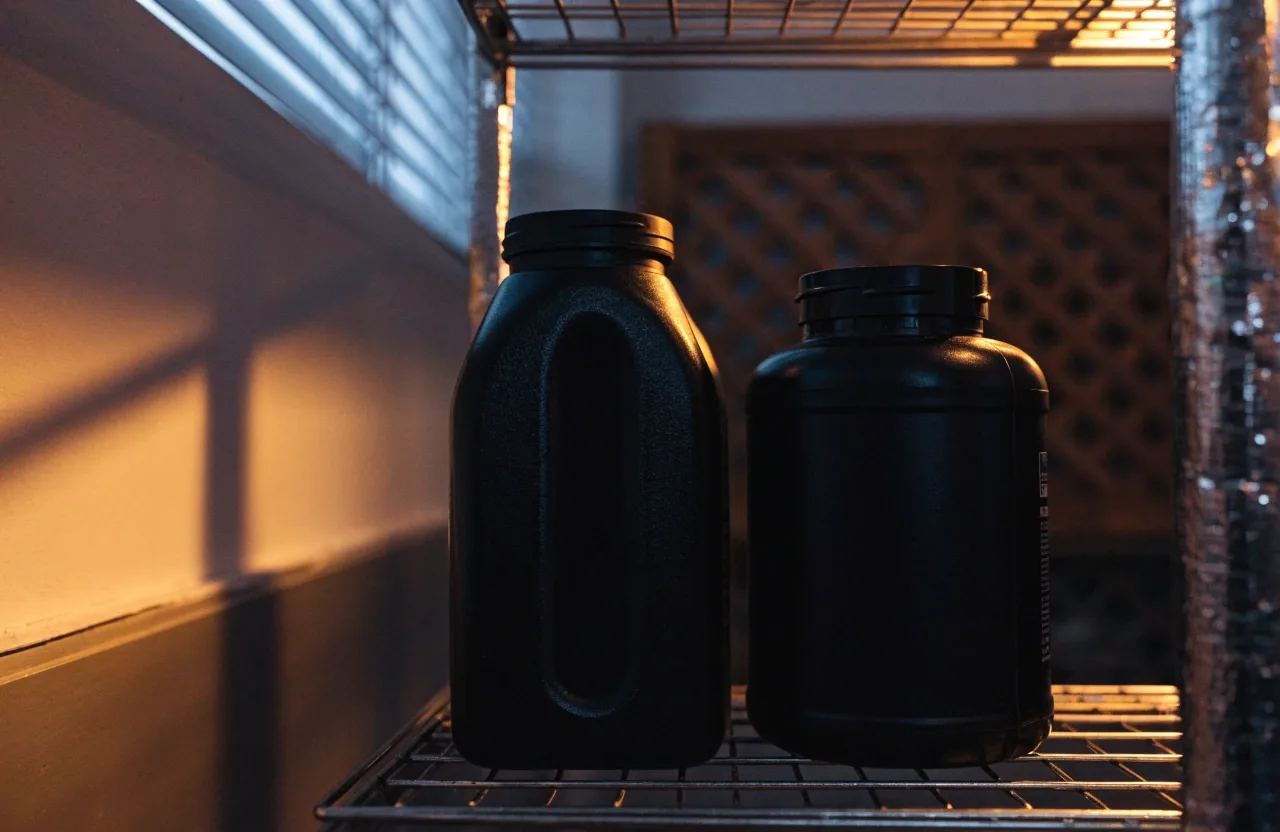 Two plain unlabelled supplement bottles lit by a warm wall lamp on a dark bathroom shelf