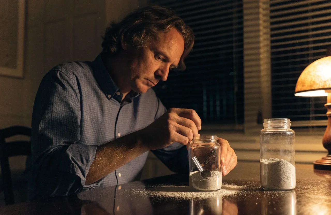 A glass jar of mineral powder and a metal scoop on a dark desk under a single warm lamp