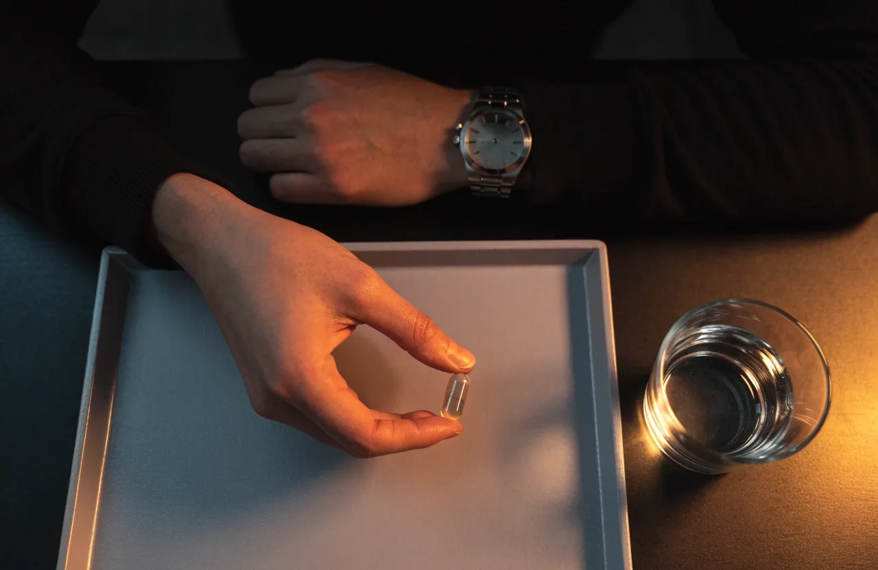 A man's hands setting a capsule on a dark desk tray under a warm lamp at night, seen from above