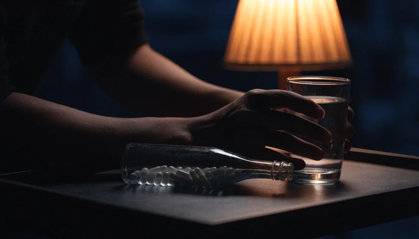 A man's hands setting a glass bottle of capsules on a tray beside an amber lamp at night