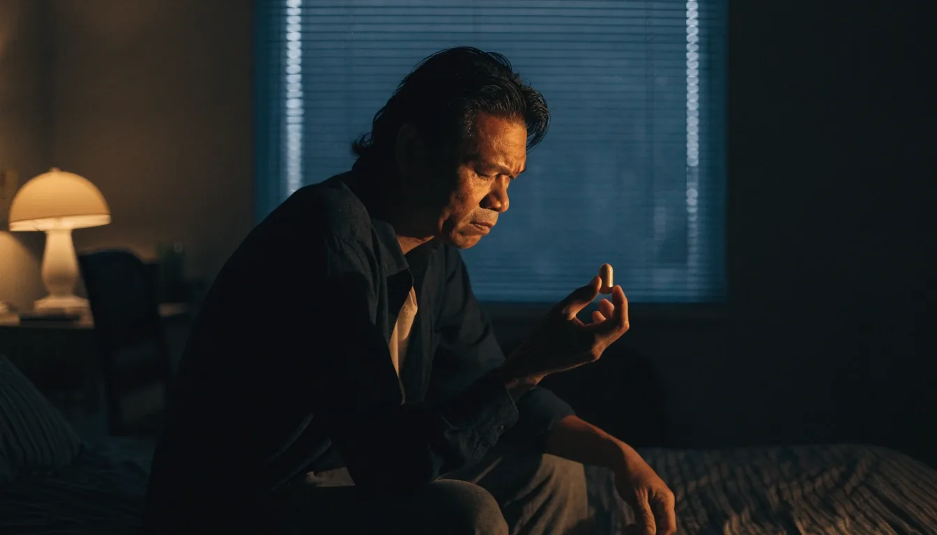 A single unlabelled capsule held between a man's fingers at night, lit by one warm lamp