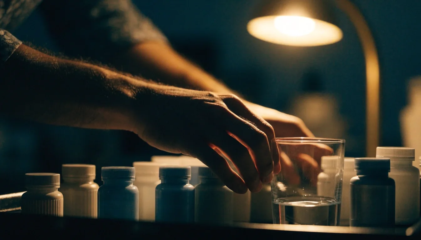 Hands arranging unlabelled supplement bottles and a glass of water on a dark tray under a warm bedside lamp