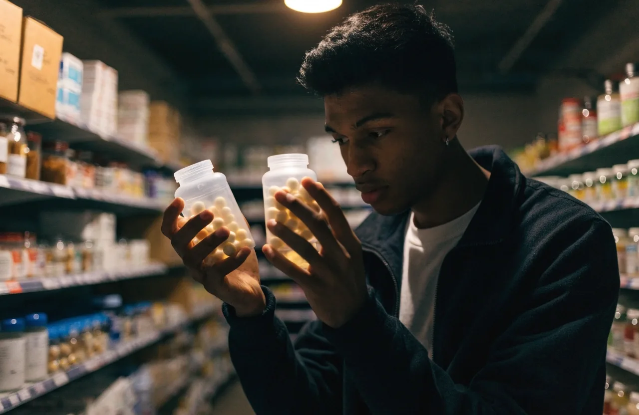 Hands arranging unlabelled supplement bottles in a row on a dark counter at night