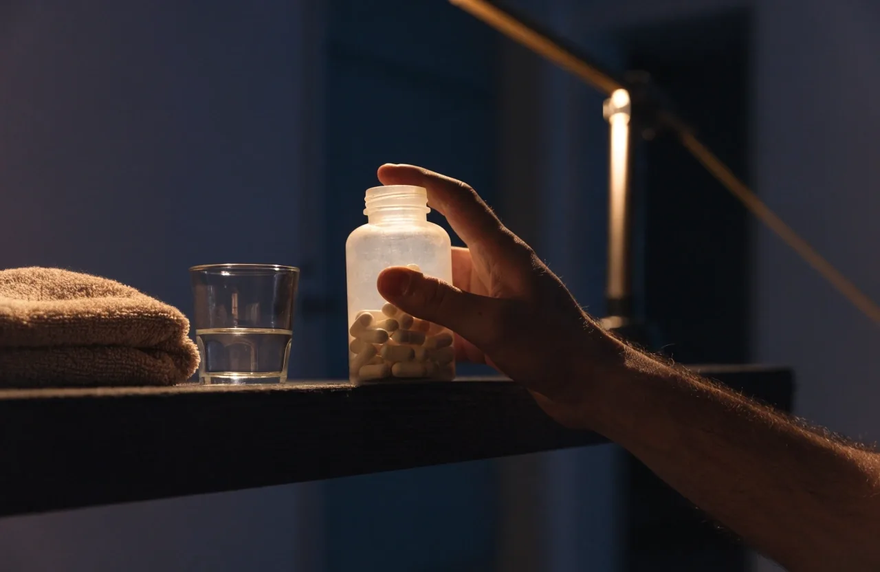 Three unlabelled supplement bottles on a dark bedside tray under warm lamp light