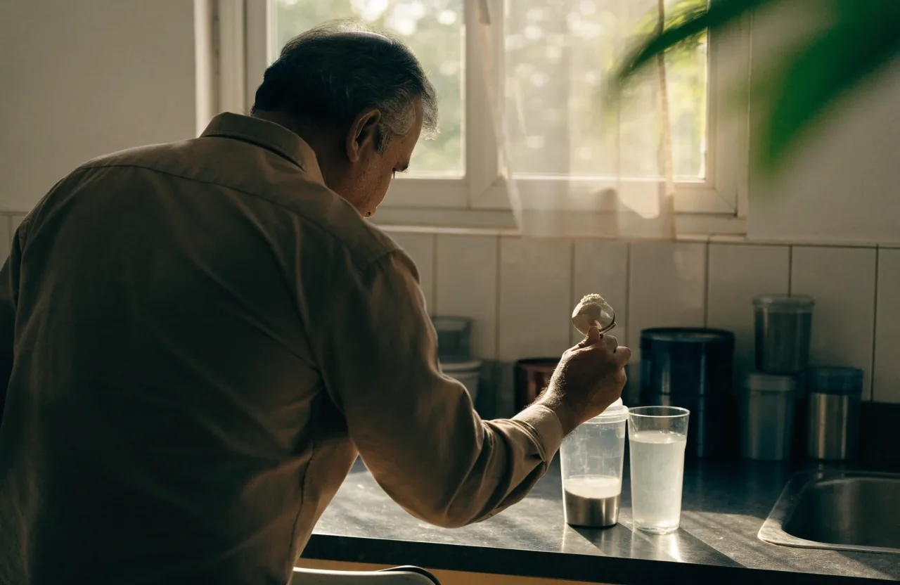 A man's hand setting one capsule on a dark bedside table in warm lamp light