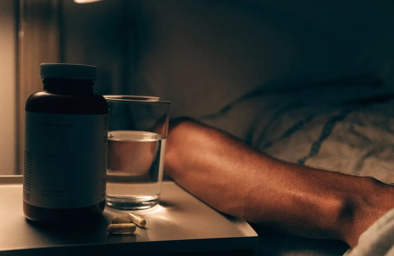 A dark supplement bottle and glass of water on a night tray under warm lamp light